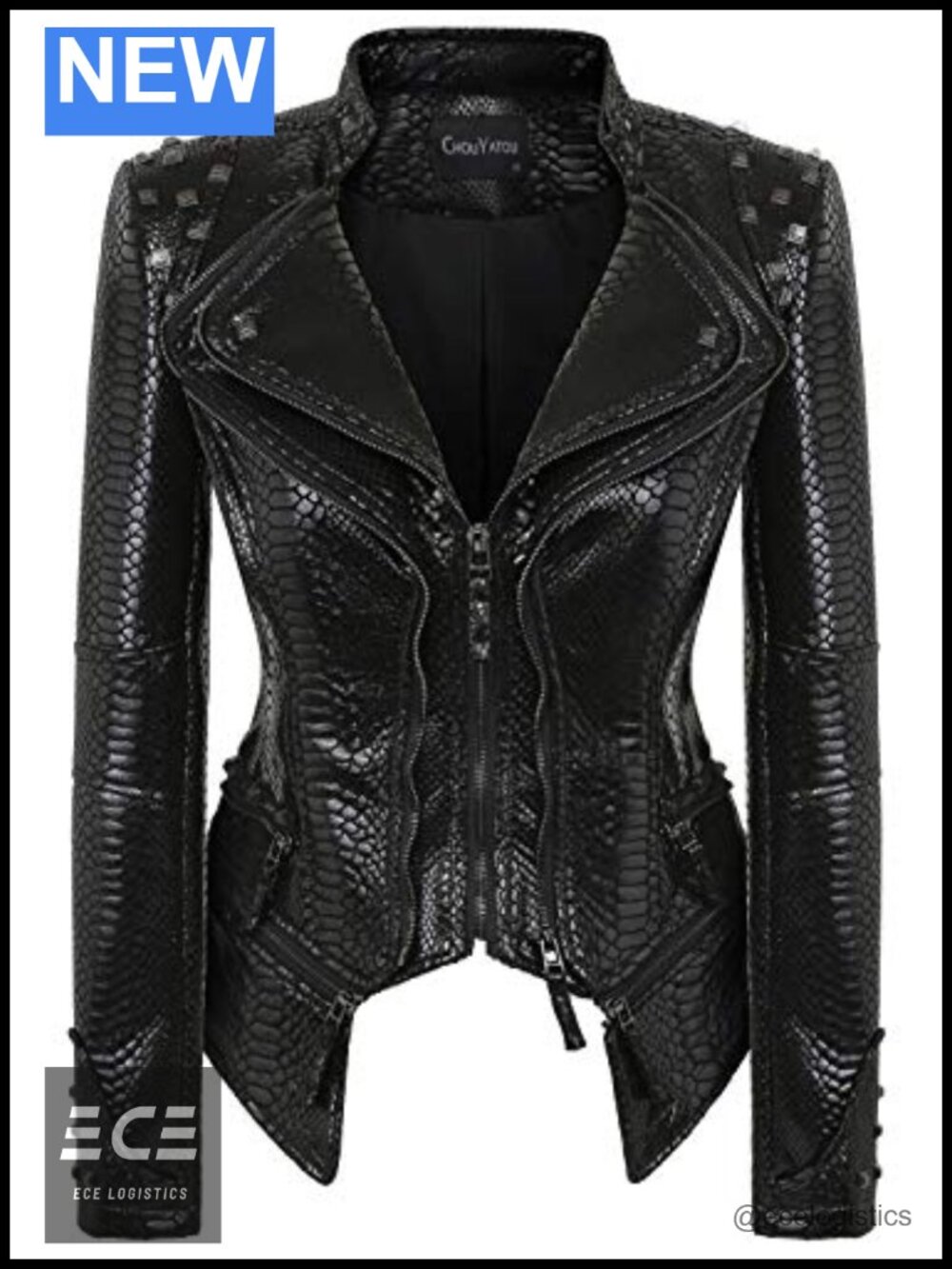 Snake Print Studded Moto Faux Leather Biker Jacket Slim Fit